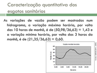 Caracterização quantitativa dos
esgotos sanitários
As variações de vazão podem ser mostradas num
hidrograma, a variação máxima horária, por volta
das 10 horas de manhã, é de (50,98/36,63) = 1,43 e
a variação mínima horária, por volta das 3 horas da
manhã, é de (21,35/36,63) = 0,60.

 