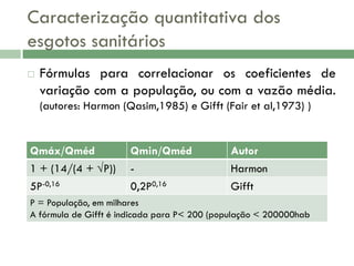 Caracterização quantitativa dos
esgotos sanitários


Fórmulas para correlacionar os coeficientes de
variação com a população, ou com a vazão média.
(autores: Harmon (Qasim,1985) e Gifft (Fair et al,1973) )

Qmáx/Qméd
1 + (14/(4 + √P))

Qmin/Qméd
-

Autor
Harmon

5P-0,16

0,2P0,16

Gifft

P = População, em milhares
A fórmula de Gifft é indicada para P< 200 (população < 200000hab

 