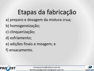 Etapas da fabricação
a) preparo e dosagem da mistura crua;
b) homogeneização;
c) clinquerização;
d) esfriamento;
e) adições finais e moagem; e
f) ensacamento.
 