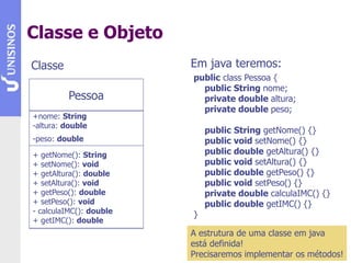 Classe e Objeto
Pessoa
+nome: String
-altura: double
-peso: double
+ getNome(): String
+ setNome(): void
+ getAltura(): double
+ setAltura(): void
+ getPeso(): double
+ setPeso(): void
- calculaIMC(): double
+ getIMC(): double
Em java teremos:
Classe
public class Pessoa {
public String nome;
private double altura;
private double peso;
public String getNome() {}
public void setNome() {}
public double getAltura() {}
public void setAltura() {}
public double getPeso() {}
public void setPeso() {}
private double calculaIMC() {}
public double getIMC() {}
}
A estrutura de uma classe em java
está definida!
Precisaremos implementar os métodos!
 