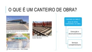 O QUE É UM CANTEIRO DE OBRA?
Aeroporto Internacional de Guarulhos, São
Paulo – Terminal 3
BR-040, Cristalina, Goiás – Posto Pedágio
1
Construção Linha Férrea CPTM,
Suzano, São Paulo
CANTEIRO DE OBRA É:
BASE DE APOIO,
TEMPORÁRIA, DA OBRA.
Execução e
desenvolvimento
Serviços
complementares
 