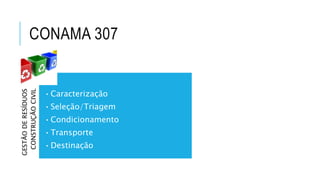 CONAMA 307
GESTÃODERESÍDUOS
CONSTRUÇÃOCIVIL
•Caracterização
•Seleção/Triagem
•Condicionamento
•Transporte
•Destinação
 