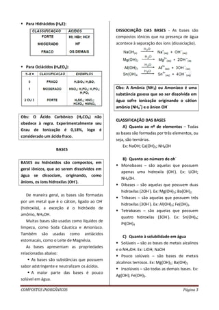 COMPOSTOS INORGÂNICOS Página 3
 Para Hidrácidos (HXE):
 Para Ociácidos (HXEOy):
Obs: O Ácido Carbônico (H2CO3) não
obedece à regra. Experimentalmente seu
Grau de Ionização é 0,18%, logo é
considerado um ácido fraco.
BASES
BASES ou hidróxidos são compostos, em
geral iônicos, que ao serem dissolvidos em
água se dissociam, originando, como
ânions, os íons hidroxilas (OH-
).
De maneira geral, as bases são formadas
por um metal que é o cátion, ligado ao OH-
(hidroxila), a exceção é o hidróxido de
amônio, NH4OH.
Muitas bases são usadas como líquidos de
limpeza, como Soda Cáustica e Amoníaco.
Também são usadas como antiácidos
estomacais, como o Leite de Magnésia.
As bases apresentam as propriedades
relacionadas abaixo:
 As bases são substâncias que possuem
sabor adstringente e neutralizam os ácidos.
 A maior parte das bases é pouco
solúvel em água.
DISSOCIAÇÃO DAS BASES - As bases são
compostos iônicos que na presença de água
acontece à separação dos íons (dissociação).
Obs: A Amônia (NH3) ou Amoníaco é uma
substância gasosa que ao ser dissolvida em
água sofre ionização originando o cátion
amônio (NH4
+
) e o ânion OH-
CLASSIFICAÇÃO DAS BASES
A) Quanto ao nº de elementos – Todas
as bases são formadas por três elementos, ou
seja, são ternárias.
Ex: NaOH; Ca(OH)2; NH4OH
B) Quanto ao número de oh-
 Monobases – são aquelas que possuem
apenas uma hidroxila (OH-
). Ex: LiOH;
NH4OH.
 Dibases – são aquelas que possuem duas
hidroxilas (2OH-
). Ex: Mg(OH)2; Ba(OH)2.
 Tribases – são aquelas que possuem três
hidroxilas (3OH-
). Ex: Al(OH)2; Fe(OH)3.
 Tetrabases – são aquelas que possuem
quatro hidroxilas (3OH-
). Ex: Sn(OH)4;
Pt(OH)4
C) Quanto à solubilidade em água
 Solúveis – são as bases de metais alcalinos
e o NH4OH. Ex: LiOH; NaOH
 Pouco solúveis – são bases de metais
alcalinos terrosos. Ex: Mg(OH)2; Ba(OH)2
 Insolúveis – são todas as demais bases. Ex:
Ag(OH); Fe(OH)3.
 