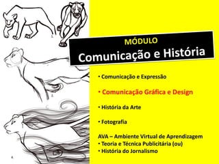 • Comunicação e Expressão
• Comunicação Gráfica e Design
• História da Arte
• Fotografia
AVA – Ambiente Virtual de Aprendizagem
• Teoria e Técnica Publicitária (ou)
• História do Jornalismo
 