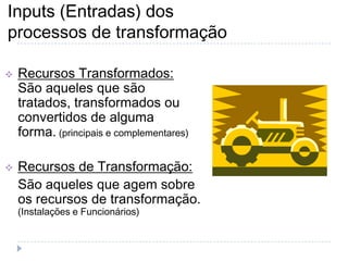 Inputs (Entradas) dos processos de transformaçãoRecursos Transformados: São aqueles que são tratados, transformados ou convertidos de alguma forma. (principais e complementares)