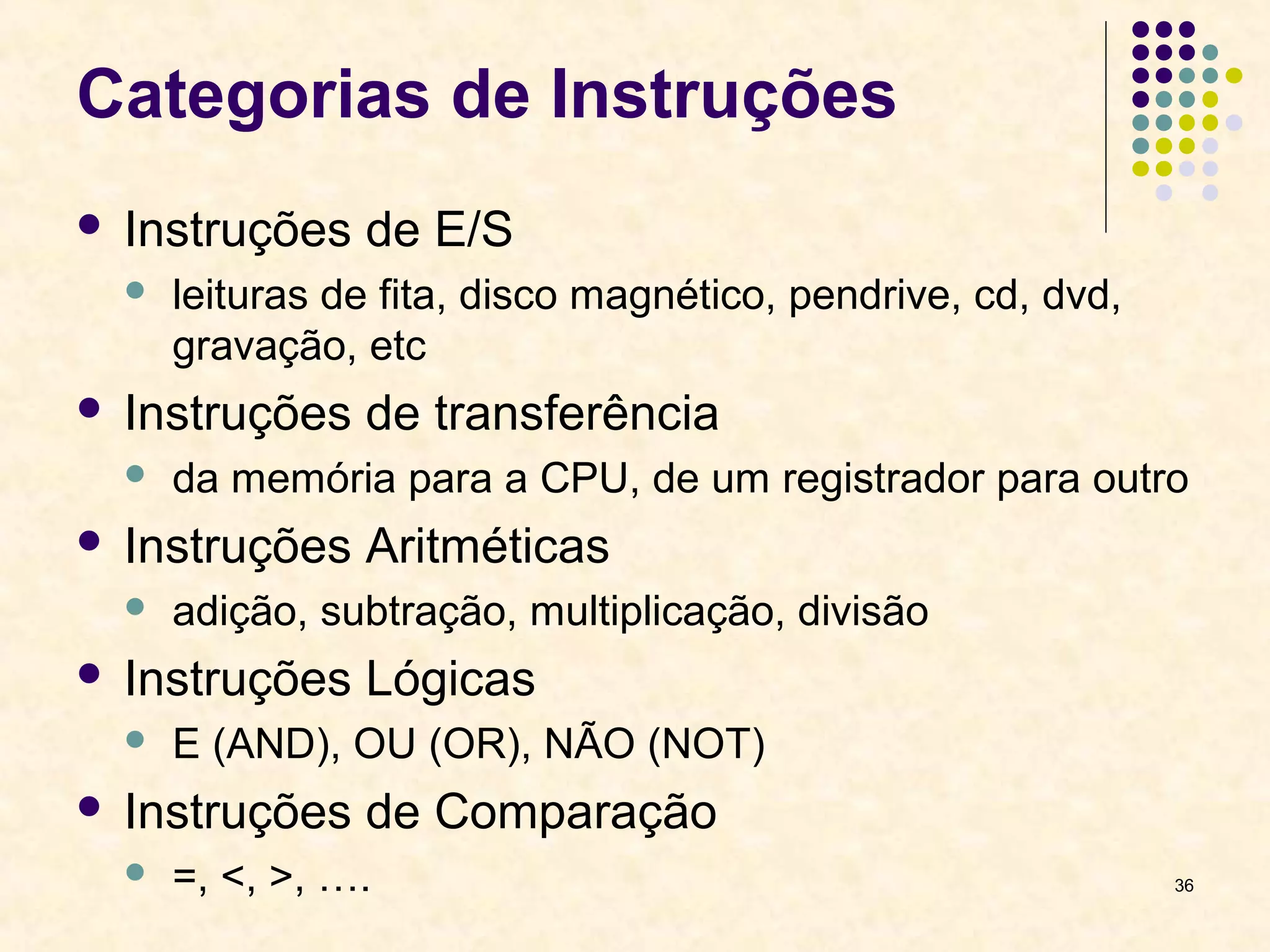36 
Categorias de Instruções 
 Instruções de E/S 
 leituras de fita, disco magnético, pendrive, cd, dvd, 
gravação, etc 
 Instruções de transferência 
 da memória para a CPU, de um registrador para outro 
 Instruções Aritméticas 
 adição, subtração, multiplicação, divisão 
 Instruções Lógicas 
 E (AND), OU (OR), NÃO (NOT) 
 Instruções de Comparação 
 =, <, >, …. 
 
