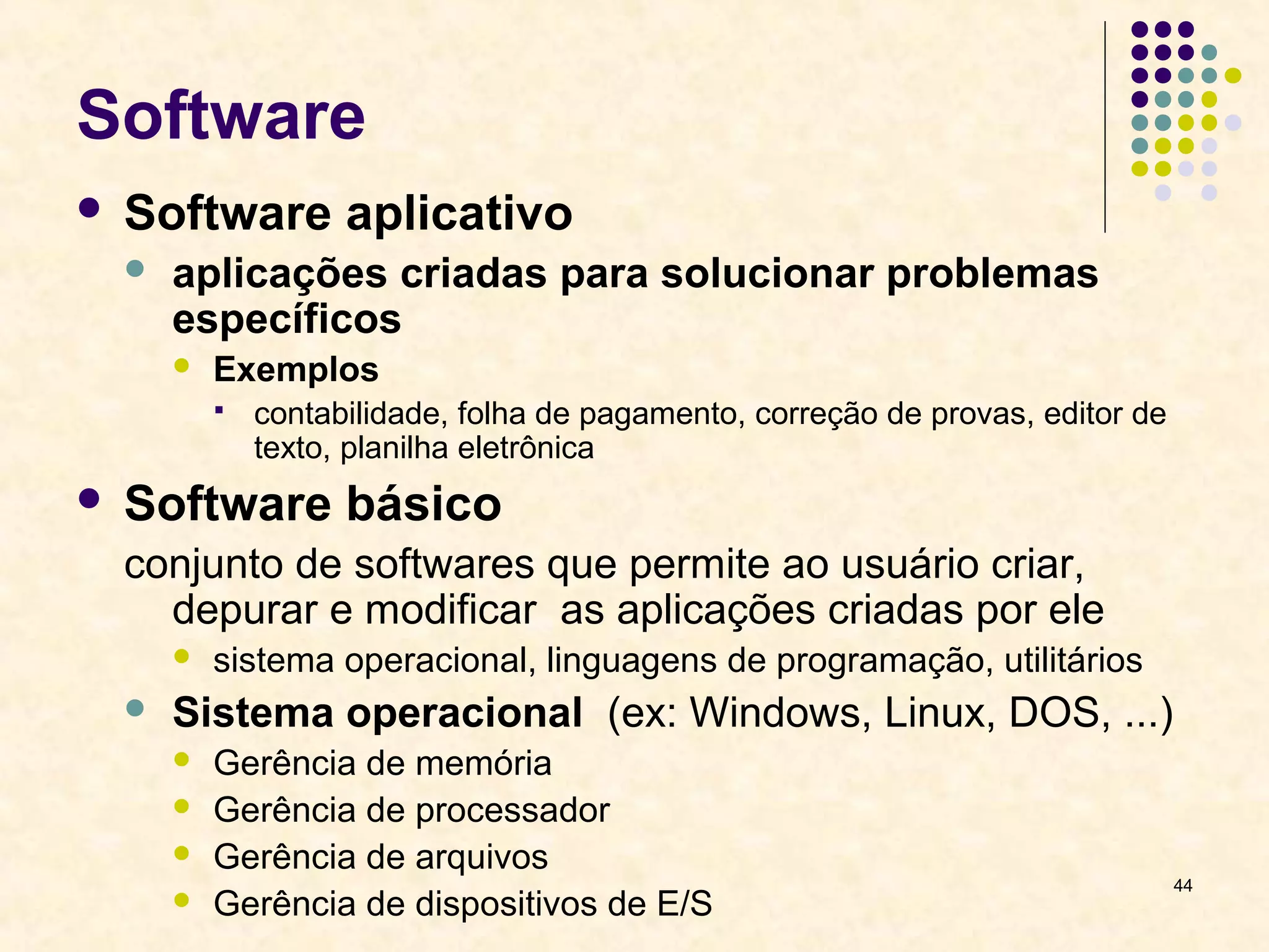 44 
Software 
 Software aplicativo 
 aplicações criadas para solucionar problemas 
específicos 
 Exemplos 
 contabilidade, folha de pagamento, correção de provas, editor de 
texto, planilha eletrônica 
 Software básico 
conjunto de softwares que permite ao usuário criar, 
depurar e modificar as aplicações criadas por ele 
 sistema operacional, linguagens de programação, utilitários 
 Sistema operacional (ex: Windows, Linux, DOS, ...) 
 Gerência de memória 
 Gerência de processador 
 Gerência de arquivos 
 Gerência de dispositivos de E/S 
 