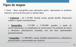 16
Tipos de mapas
• Geral – Base cartográfica para aplicações gerais. Apresentam os acidentes
naturais e servem de base para os demais tipos
• Cadastral – até 1:25.000. Grande escala, grande detalhe. Representa
cidades e regiões metropolitanas.
• Topográfico – 1:25.000 a 1:250.000. gerados a partir de
aerolevantamentos ou compilações de escala maior. Os acidentes de relevo
e elementos planimétricos (estradas, etc) são bem representados
geometricamente.
• Geográfico – 1:1.000.000 e menor. Detalhes planimétricos e altimétricos
generalizados e representados por símbolos
 