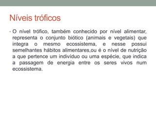 Níveis tróficos
• O nível trófico, também conhecido por nível alimentar,
representa o conjunto biótico (animais e vegetais) que
integra o mesmo ecossistema, e nesse possui
semelhantes hábitos alimentares,ou é o nível de nutrição
a que pertence um indivíduo ou uma espécie, que indica
a passagem de energia entre os seres vivos num
ecossistema.
 