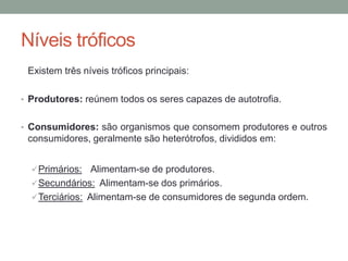 Níveis tróficos
Existem três níveis tróficos principais:
• Produtores: reúnem todos os seres capazes de autotrofia.
• Consumidores: são organismos que consomem produtores e outros
consumidores, geralmente são heterótrofos, divididos em:
Primários: Alimentam-se de produtores.
Secundários: Alimentam-se dos primários.
Terciários: Alimentam-se de consumidores de segunda ordem.
 