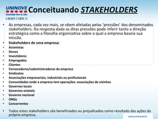 Conceituando   STAKEHOLDERS As empresas, cada vez mais, se vêem afetadas pelas ‘pressões’ dos denominados stakeholders. Da resposta dada as ditas pressões pode inferir tanto a direção estratégica como a filosofia organizativa sobre a qual a empresa baseia sua missão. Stakeholders de uma empresa: Acionistas  Donos  Investidores  Empregados  Clientes  Fornecedores/subministradores da empresa  Sindicatos  Associações empresariais, industriais ou profissionais  Comunidades onde a empresa tem operações: associações de vizinhos  Governos locais  Governos estatais  Governo nacional  ONGs  Concorrentes Todos estes stakeholders são beneficiados ou prejudicados como resultado das ações da própria empresa. 