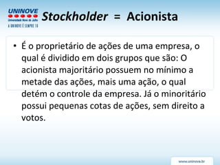 Stockholder   =  Acionista É o proprietário de ações de uma empresa, o qual é dividido em dois grupos que são: O acionista majoritário possuem no mínimo a metade das ações, mais uma ação, o qual detém o controle da empresa. Já o minoritário possui pequenas cotas de ações, sem direito a votos.  