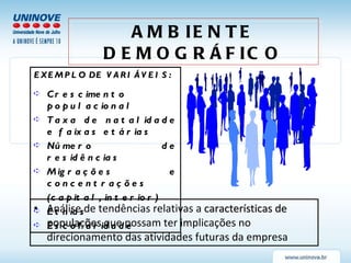 Análise de tendências relativas a  características de populações  que possam ter implicações no direcionamento das atividades futuras da empresa AMBIENTE DEMOGRÁFICO EXEMPLO DE VARIÁVEIS: Crescimento populacional Taxa de natalidade e faixas etárias Número de residências Migrações e concentrações (capital, interior) Etnias Escolaridade 