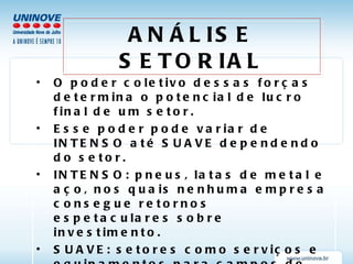 ANÁLISE SETORIAL O poder coletivo dessas forças determina o potencial de lucro final de um setor. Esse poder pode variar de INTENSO até SUAVE dependendo do setor. INTENSO: pneus, latas de metal e aço, nos quais nenhuma empresa consegue retornos espetaculares sobre investimento. SUAVE: setores como serviços e equipamentos para campos de petróleo, refrigerantes e artigos para toalete nos quais há espaço para retornos bastante altos. 