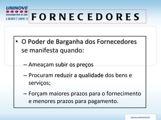 FORNECEDORES O  Poder de Barganha dos Fornecedores  se manifesta quando: Ameaçam  subir os preços  Procuram  reduzir a qualidade  dos bens e serviços; Forçam maiores prazos para o fornecimento e menores prazos para pagamento. 