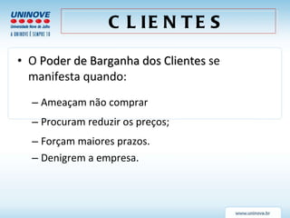 O  Poder de Barganha dos Clientes  se manifesta quando: Ameaçam não comprar   Procuram reduzir os preços; Forçam maiores prazos. Denigrem a empresa. CLIENTES 