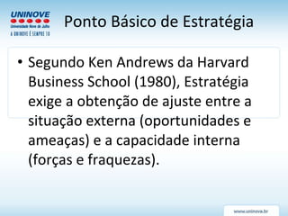 Ponto Básico de Estratégia Segundo Ken Andrews da Harvard Business School (1980), Estratégia exige a obtenção de ajuste entre a situação externa (oportunidades e ameaças) e a capacidade interna (forças e fraquezas). 