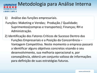 Análise das funções empresariais. Funções: Maketing e Vendas;  Produção / Qualidade; Suprimentos(compras e transportes); Finanças; RH e Administração. 2) Identificação dos Fatores Críticos de Sucesso Dentro das Funções Empresariais e a Posição da Concorrência – Vantagem Competitiva. Neste momento a empresa passará a identificar alguns objetivos concretos visando o seu desenvolvimento, sua melhoria operacional e, por conseqüência, obterá um conjunto valioso de informações para definição de suas estratégias futuras.  Metodologia para Análise Interna 
