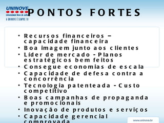 PONTOS FORTES Recursos financeiros – capacidade financeira Boa imagem junto aos clientes Líder de mercado - Planos estratégicos bem feitos Consegue economias de escala Capacidade de defesa contra a concorrência Tecnologia patenteada - Custo competitivo Boas campanhas de propaganda e promocionais Inovação de produtos e serviços Capacidade gerencial comprovada Curva de experiência consistente Capacidade de fabricação Habilidade tecnológica superior 