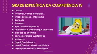 GRADE ESPECÍFICA DA COMPETÊNCIA IV
► Coesão
► Pronomes, verbos, advérbios...
► Artigos definidos e indefinidos
► Numerais
► Sinônimos
► Hiperônimos e hipônimos
► Substantivos e adjetivos que produzem
► relações de sinonímia
► Nomes deverbais, substantivos
► abstratos...
► Repetição de termos
► Repetição do conteúdo semântico
► Repetição de recursos fonológicos
@deolhonaredacao
 