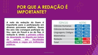 POR QUE A REDAÇÃO É
IMPORTANTE?
@deolhonaredacao
A nota da redação do Enem é
importante para a participação em
diversos processos seletivos. Quem
tira zero não consegue participar do
Sisu, nem do Prouni e ou do Fies. A
redação é, ainda, o primeiro critério
de desempate na disputa por bolsas
de estudo em faculdades
particulares e vagas em instituições
públicas.
 