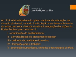 Art. 214. A lei estabelecerá o plano nacional de educação, de
duração plurianual, visando à articulação e ao desenvolvimento
do ensino em seus diversos níveis e à integração das ações do
Poder Público que conduzam à:
      I - erradicação do analfabetismo;
      II - universalização do atendimento escolar;
      III - melhoria da qualidade do ensino;
      IV - formação para o trabalho;
      V - promoção humanística, científica e tecnológica do País.
 