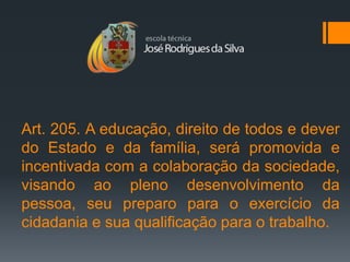 Art. 205. A educação, direito de todos e dever
do Estado e da família, será promovida e
incentivada com a colaboração da sociedade,
visando ao pleno desenvolvimento da
pessoa, seu preparo para o exercício da
cidadania e sua qualificação para o trabalho.
 
