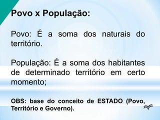 Povo x População:
Povo: É a soma dos naturais do
território.
População: É a soma dos habitantes
de determinado território em certo
momento;
OBS: base do conceito de ESTADO (Povo,
Território e Governo).
 