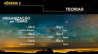  Dia 1
 Luz
 Dia 2
 Água
 Dia 3
 Terra
 