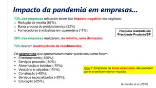 Impacto da pandemia em empresas...
73% das empresas relataram terem tido impacto negativo nos negócios:
o Redução da receita (67%),
o Baixa procura do produto/serviço (22%)
o Fornecedores e indústrias em quarentena (11%).
56% das empresas realizaram, no mínimo, uma demissão;
73% tiveram inadimplência de recebimentos;
Os segmentos que apresentaram maior queda nos lucros foram:
 Entretenimento (-100%);
 Serviços pessoais (-80%);
 Alimentação e bebidas (-70%);
 Vestuário e calçados (-70%);
 Construção (-40%);
 Serviços especializados (-30%);
 Educação (-25%).
Fernandes et al. (2020)
Pesquisa realizada em
Presidente Prudente/SP
Obs.1: Empresas de áreas essenciais não puderam
parar e sentiram menor impacto.
 