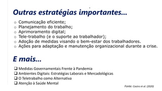 o Comunicação eficiente;
o Planejamento do trabalho;
o Aprimoramento digital;
o Tele-trabalho (e o suporte ao trabalhador);
o Adoção de medidas visando o bem-estar dos trabalhadores.
o Ações para adaptação e manutenção organizacional durante a crise.
Outras estratégias importantes...
 Medidas Governamentais Frente à Pandemia
 Ambientes Digitais: Estratégias Laborais e Mercadológicas
 O Teletrabalho como Alternativa
 Atenção à Saúde Mental
Fonte: Castro et al. (2020)
E mais...
 
