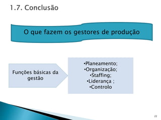 22
O que fazem os gestores de produção
Funções básicas da
gestão
•Planeamento;
•Organização;
•Staffing;
•Liderança ;
•Controlo
 