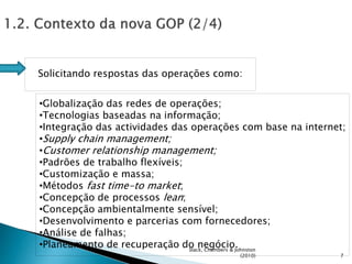 7
Solicitando respostas das operações como:
•Globalização das redes de operações;
•Tecnologias baseadas na informação;
•Integração das actividades das operações com base na internet;
•Supply chain management;
•Customer relationship management;
•Padrões de trabalho flexíveis;
•Customização e massa;
•Métodos fast time-to market;
•Concepção de processos lean;
•Concepção ambientalmente sensível;
•Desenvolvimento e parcerias com fornecedores;
•Análise de falhas;
•Planeamento de recuperação do negócio.
Slack, Chambers & Johnston
(2010)
 