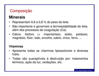 Composição
Minerais
• Representam 0,6 a 0,8 % do peso do leite.
• São importante e governam a termoestabilidade do leite,
além dos processos de coagulação (Ca).
• Cálcio, fósforo (+ importantes), sódio, potássio,
magnésio, flúor, iodo, enxofre, cobre, zinco, ferro, ...magnésio, flúor, iodo, enxofre, cobre, zinco, ferro, ...
Vitaminas
• Apresenta todas as vitaminas lipossolúveis e diversas
hidro.
• Todas são susceptíveis à destruição por: tratamentos
térmicos, ação da luz, oxidações, etc.
Profa. Nágela Magave Picanço
 