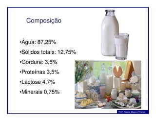 Composição
•Água: 87,25%
•Sólidos totais: 12,75%
•Gordura: 3,5%
Profa. Nágela Magave Picanço
•Gordura: 3,5%
•Proteínas 3,5%
•Lactose 4,7%
•Minerais 0,75%
 