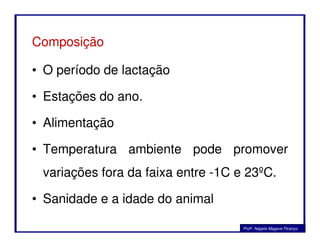 Composição
• O período de lactação
• Estações do ano.
• Alimentação• Alimentação
• Temperatura ambiente pode promover
variações fora da faixa entre -1C e 23ºC.
• Sanidade e a idade do animal
Profa. Nágela Magave Picanço
 
