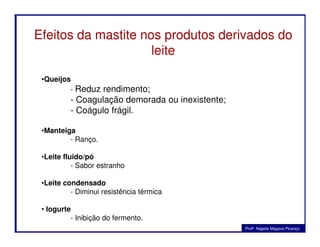 Efeitos da mastite nos produtos derivados do
leite
•Queijos
- Reduz rendimento;
- Coagulação demorada ou inexistente;
- Coágulo frágil.
•Manteiga
- Ranço.
•Leite fluido/pó
- Sabor estranho
•Leite condensado
- Diminui resistência térmica
• Iogurte
- Inibição do fermento.
Profa. Nágela Magave Picanço
 