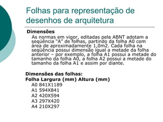 Folhas para representação de
desenhos de arquitetura
Dimensões
As normas em vigor, editadas pela ABNT adotam a
seqüência “A” de folhas, partindo da folha A0 com
área de aproximadamente 1,0m2. Cada folha na
seqüência possui dimensão igual a metade da folha
anterior – por exemplo, a folha A1 possui a metade do
tamanho da folha A0, a folha A2 possui a metade do
tamanho da folha A1 e assim por diante.
Dimensões das folhas:
Folha Largura (mm) Altura (mm)
A0 841X1189
A1 594X841
A2 420X594
A3 297X420
A4 210X297
 
