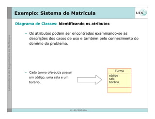 © LES/PUC-Rio
Exemplo: Sistema de Matrícula
– Os atributos podem ser encontrados examinando-se as
descrições dos casos de uso e também pelo conhecimento do
domínio do problema.
– Cada turma oferecida possui
um código, uma sala e um
horário.
Turma
código
sala
horário
Diagrama de Classes: identificando os atributos
 
