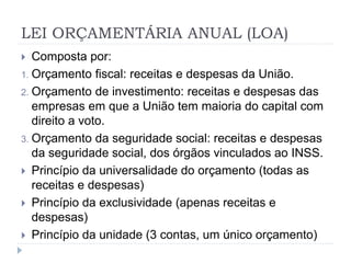 LEI ORÇAMENTÁRIA ANUAL (LOA)
 Composta por:
1. Orçamento fiscal: receitas e despesas da União.
2. Orçamento de investimento: receitas e despesas das
empresas em que a União tem maioria do capital com
direito a voto.
3. Orçamento da seguridade social: receitas e despesas
da seguridade social, dos órgãos vinculados ao INSS.
 Princípio da universalidade do orçamento (todas as
receitas e despesas)
 Princípio da exclusividade (apenas receitas e
despesas)
 Princípio da unidade (3 contas, um único orçamento)
 
