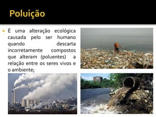  É uma alteração ecológica
causada pelo ser humano
quando descarta
incorretamente compostos
que alteram (poluentes) a
relação entre os seres vivos e
o ambiente;
 