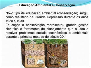 Educação Ambiental e Conservação
Novo tipo de educação ambiental (conservação) surgiu
como resultado da Grande Depressão durante os anos
1920 e 1930.
Educação à conservação representou grande gestão
científica e ferramenta de planejamento que ajudou a
resolver problemas sociais, econômicos e ambientais
durante a primeira metade do século XX.
 