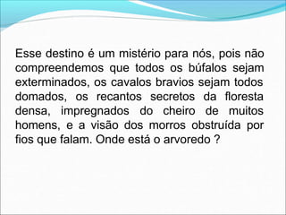 Esse destino é um mistério para nós, pois não
compreendemos que todos os búfalos sejam
exterminados, os cavalos bravios sejam todos
domados, os recantos secretos
densa, impregnados do cheiro
da floresta
de muitos
homens, e a visão dos morros obstruída por
fios que falam. Onde está o arvoredo ?
 