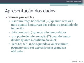 Estatística Descritiva




Apresentação dos dados
• Normas para células
  ▫ usar um traço horizontal (—) quando o valor é
    nulo quanto à natureza das coisas ou resultado do
    inquérito;
  ▫ três pontos (...) quando não temos dados;
  ▫ um ponto de interrogação (?) quando temos
    dúvida quanto à exatidão do valor;
  ▫ zero (0; 0,0; 0,00) quando o valor é muito
    pequeno para ser expresso pela grandeza
    utilizada.


                                                   *Ferrari , 2004
 
