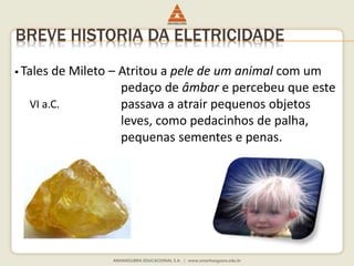 BREVE HISTORIA DA ELETRICIDADE 
 Tales de Mileto – Atritou a pele de um animal com um 
pedaço de âmbar e percebeu que este 
passava a atrair pequenos objetos 
leves, como pedacinhos de palha, 
pequenas sementes e penas. 
VI a.C. 
 
