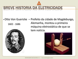 BREVE HISTORIA DA ELETRICIDADE 
 Otto Von Guericke – Prefeito da cidade de Magdeburgo, 
Alemanha, montou a primeira 
máquina eletrostática de que se 
tem notícia. 
1602 - 1686 
 