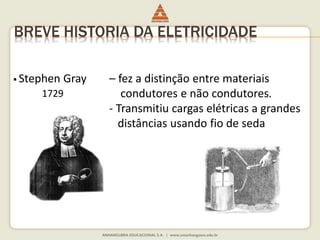 BREVE HISTORIA DA ELETRICIDADE 
 Stephen Gray – fez a distinção entre materiais 
condutores e não condutores. 
- Transmitiu cargas elétricas a grandes 
distâncias usando fio de seda 
1729 
 