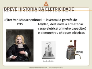 BREVE HISTORIA DA ELETRICIDADE 
 Piter Van Musschenbroek – inventou a garrafa de 
Leyden, destinada a armazenar 
carga elétrica(primeiro capacitor) 
e demonstrou choques elétricos 
1745 
 