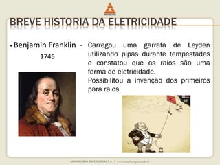 BREVE HISTORIA DA ELETRICIDADE 
 Benjamin Franklin - 
1745 
Carregou uma garrafa de Leyden 
utilizando pipas durante tempestades 
e constatou que os raios são uma 
forma de eletricidade. 
Possibilitou a invenção dos primeiros 
para raios. 
 
