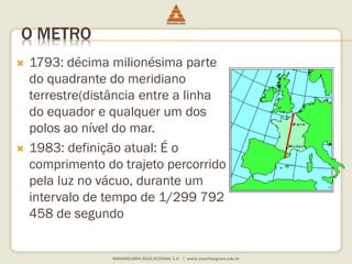 O METRO 
 1793: décima milionésima parte 
do quadrante do meridiano 
terrestre(distância entre a linha 
do equador e qualquer um dos 
polos ao nível do mar. 
 1983: definição atual: É o 
comprimento do trajeto percorrido 
pela luz no vácuo, durante um 
intervalo de tempo de 1/299 792 
458 de segundo 
 
